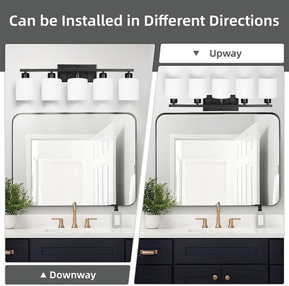 SILAMPDI Black Bathroom Light Fixtures Over Mirror, 5-Light Vanity Lights for Bathroom, Modern Wall Sconces Lighting for Bedroom Living Room, Milky White Glass Shades, E26 Base, Bulbs Not Included
