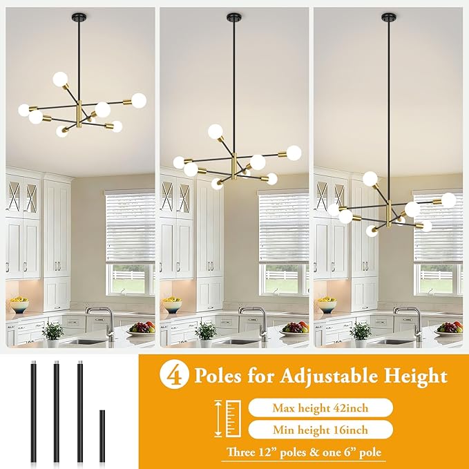 BesLowe 31‘’ 8-Light Modern Sputnik Chandelier, Mid Century Black & Gold Chandeliers Lighting, Farmhouse Ceiling Hanging Light Fixture for Dining Room Bedroom Room Kitchen Foyer, Height Adjustable