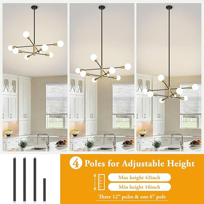BesLowe 31‘’ 8-Light Modern Sputnik Chandelier, Mid Century Black & Gold Chandeliers Lighting, Farmhouse Ceiling Hanging Light Fixture for Dining Room Bedroom Room Kitchen Foyer, Height Adjustable