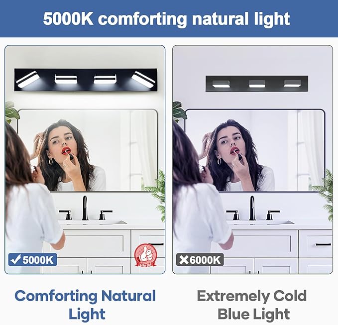 360° Rotate LED Dimmable Bathroom Vanity Light Fixtures, 1600LM Acrylic Matte Black Vanity Lights for Bathroom, Modern Wall Lighting Fixtures Over Mirror Kitchen Living (Natural White Light 5000K)