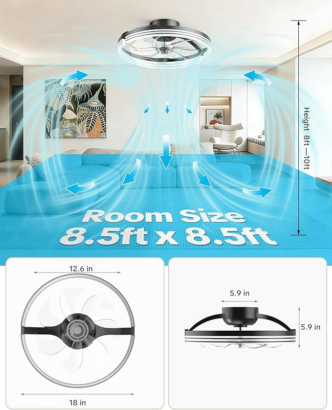 Ceiling Fans with Lights and Remote Low Profile Flush Mount LED Ceiling Fan with Lights 3000K-6500K Dimmable Foldable Fandelier Light 6 Wind Speeds Night Light for Bedroom Living Room Black Striped