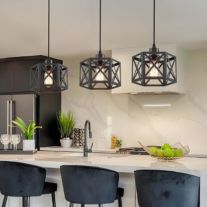 Farmhouse Pendant Light Fixture, Black Pendant Lights for Kitchen Island Industrial Lantern Pendant Light Fixtures with Light Shade, Adjustable Height Hanging Pendant Lighting