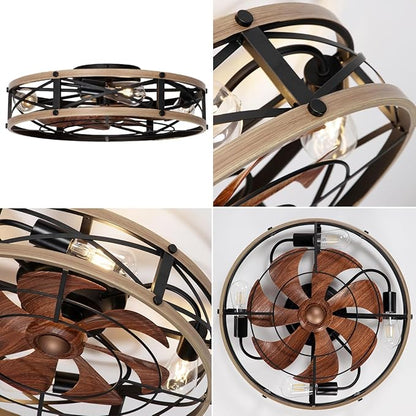 SHLUCE 22" Low Profile Caged Ceiling Fan with Light, Farmhouse Flush Mount Bladeless Ceiling Fans with Lights and Remote, Rustic Fandelier Ceiling Fan with Light for Kitchen, Bedroom - ETL