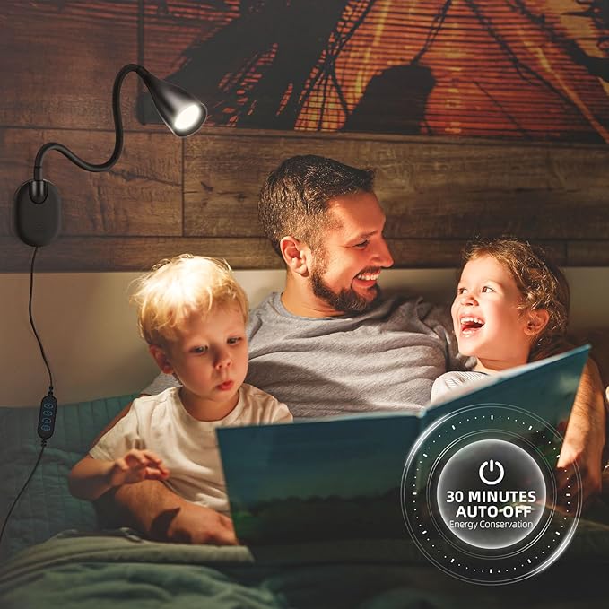 LiFMIRA Wall-Mounted LED Bedside Reading Light with USB Charging Port, 10-Level Dimmable & Adjustable 5 Color, Plug-in Adhesive Night Lamp for Books in Bed, Eye-Caring Bedroom Lighting (Black)
