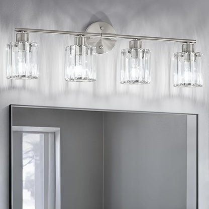 Crystal Bathroom Light Fixtures, Bathroom Lighting Fixtures Over Mirror, Modern 4-Light Brushed Nickel Vanity Lights for Mirror, Restroom, Kitchen(Ceramic E26 Socket,Bulbs Not Include)