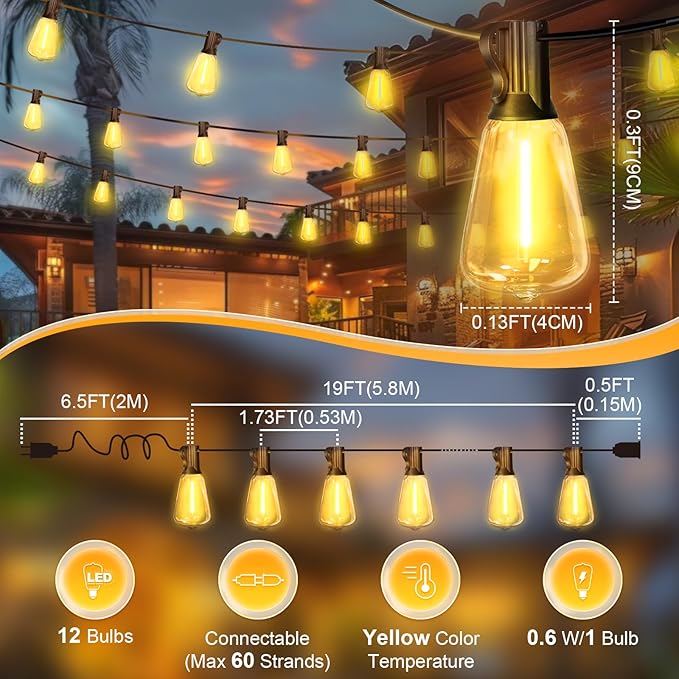 LAMPHOME 4-Pack 26Ft ST38 Outdoor String Lights, Warm Yellow Edison LED Patio Lights with 12+1 Shatterproof Bulbs, Waterproof for Bistro Christmas Party Garden Decor