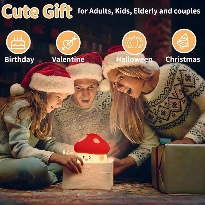 Mushroom Night Light Squishy Lamp, 50Hrs Battery Kids Nightlight, Tap Control, 30Min Auto-Off, Rechargeable Kawaii Bedside Lamp for Girls Room Decor, [Mothers Day Gifts]