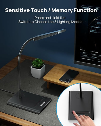 TROND Desk Lamp, Bright Dimmable Eye-Caring Table Lamp, 3 Color Modes 7 Brightness Levels, Flexible Gooseneck, Touch Control, Memory Function, Desk Light for Home Office Dorm Room Essentials, Black
