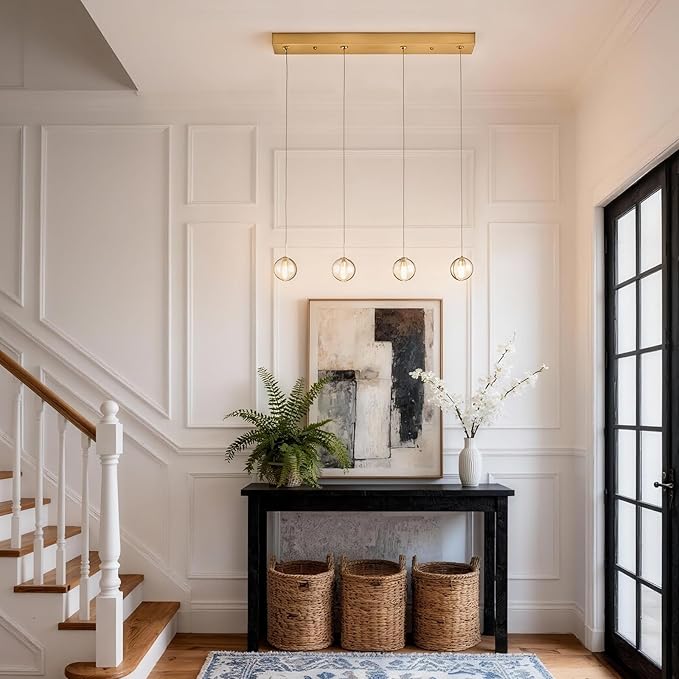 Brushed Gold 4 Lights Pendant Lights Kitchen Island Modern, Crystal Globe Hanging Dining Room Lights Over Table, Rectangular Chandeliers Over Sink for Living Room Hallway Bedroom