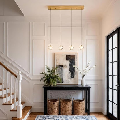 Brushed Gold 4 Lights Pendant Lights Kitchen Island Modern, Crystal Globe Hanging Dining Room Lights Over Table, Rectangular Chandeliers Over Sink for Living Room Hallway Bedroom
