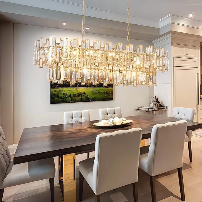 Rectangle Gold Crystal Chandeliers for Dining Room 2-Tier 15 Lights Modern Chandelier Luxury Rectangular Oval Preinstalled Top K9 Crystal Contemporary Pendant Lighting Fixture 43.3"