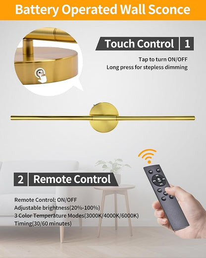 Wireless Wall Sconces Set of 2 ，28Inch Battery Operated Wall Lights with Remote Control，360°Rotate Dimmable led Wall Lamp for Living Room and Hallway (Gold)