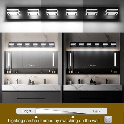 SOLFART Modern LED Dimmable Bathroom Light Fixtures Over Mirror Led Vanity Lights Modern Black LED 6 Light Vanity Light