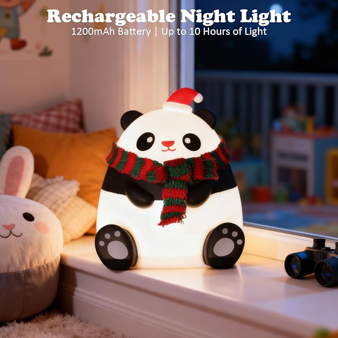 Christmas Silicone Night Light for Kids, 7-Color Cute Panda Night Light, 3-Level Dimmable Bedside Lamp with 30/60min Timer, LED Rechargeable Lamp for Toddler Boys Girls Holiday Christmas Decor (Panda)