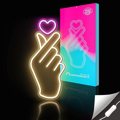 Lumoonosity Finger Heart Neon Sign - Pink & Warm White K-Drama Hand Heart Gesture Neon Signs - Premium K-Pop Hearts Led Noen Light for Bedroom, Game Room Decor