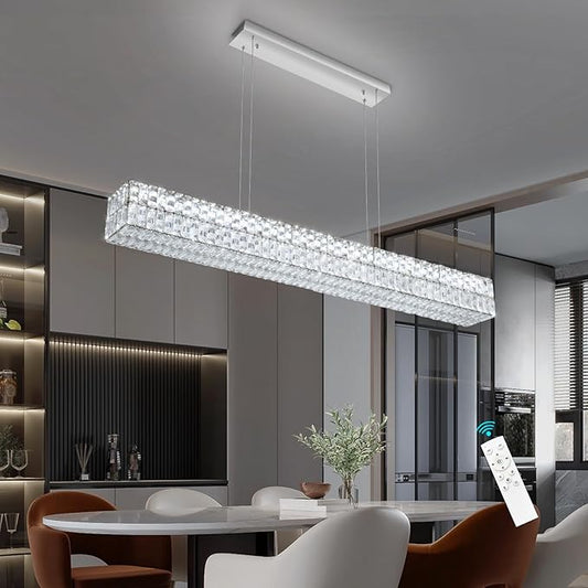 Rectangular Crystal Chandelier Glam Dimmable LED Crystal Chandeliers for Dining Room Linear Pendant Light with Remote Control for Kitchen Island Silver
