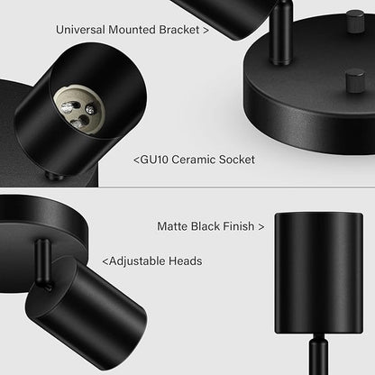AUQUEE LED 2 Light Track Lighting Kit, LED Track Lighting Fixtures, Black Round Ceiling Spot Lighting, Flexibly Rotatable Light Head for Kitchen, Living Room, Bedroom, GU10 Bulb Not Included