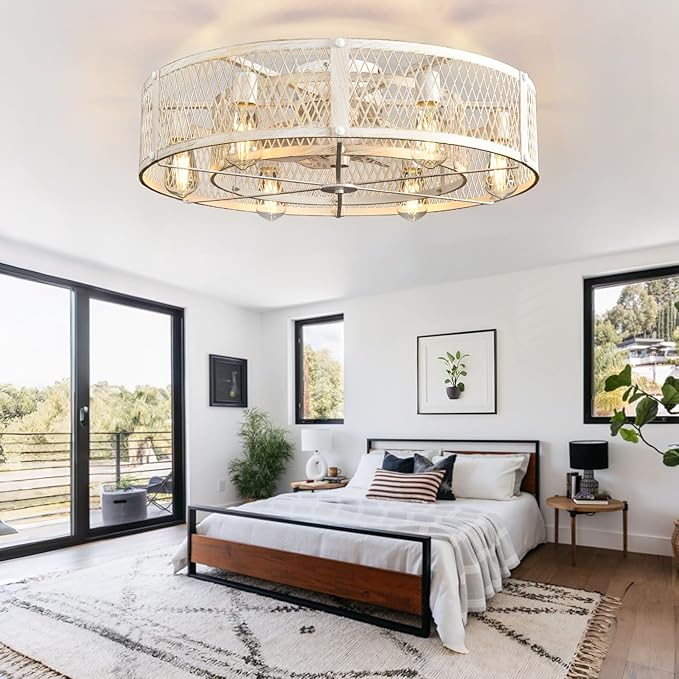 Depuley Flush Mount Ceiling Fan: 26" Caged Ceiling Fans with Lights and Remote Control for Kitchen Bedroom Farmhouse - Rustic Low Profile Ceiling Fandelier Lights Reversible 6 Speed Timer Cement