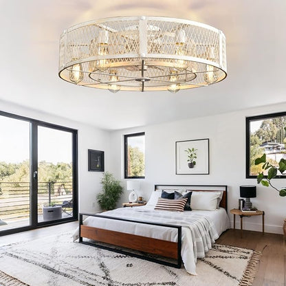 Depuley Flush Mount Ceiling Fan: 26" Caged Ceiling Fans with Lights and Remote Control for Kitchen Bedroom Farmhouse - Rustic Low Profile Ceiling Fandelier Lights Reversible 6 Speed Timer Cement
