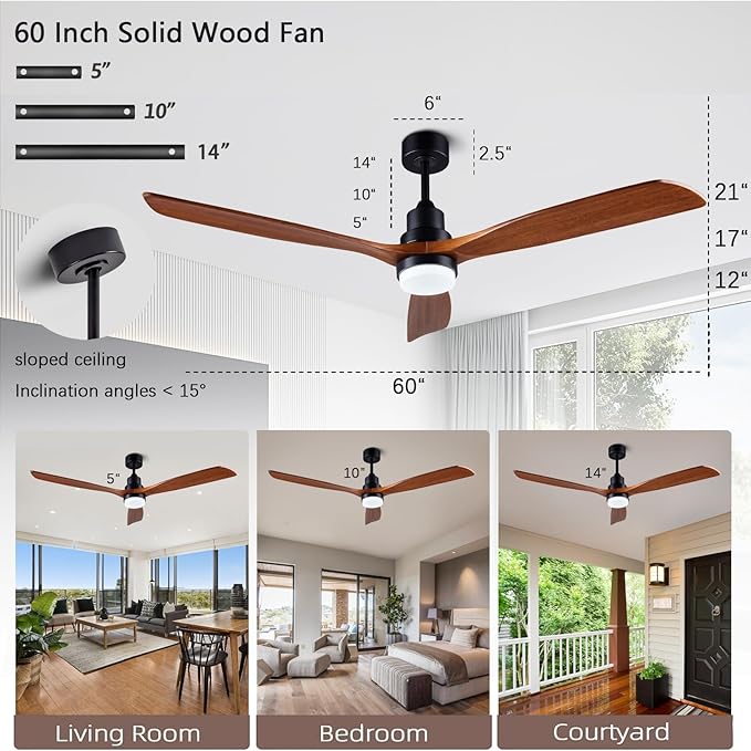 60” Ceiling Fans [with Lighting Remote], Indoor Outdoor Mute, Modern Wooden Ceiling Fan [with 3 Solid Wood Blades] for Patio, Living Room, Bedroom, Hallway.