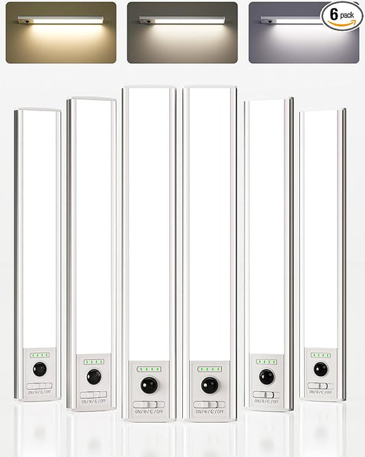 EZVALO 10-inch Under Cabinet Lighting Wireless with Battery Indicator, 2000mAh Rechargeable Motion Sensor Light Indoor, 80 LED Under Counter Lights for Kitchen Closet, 3 Color Temps, Dimmable - 6 Pack