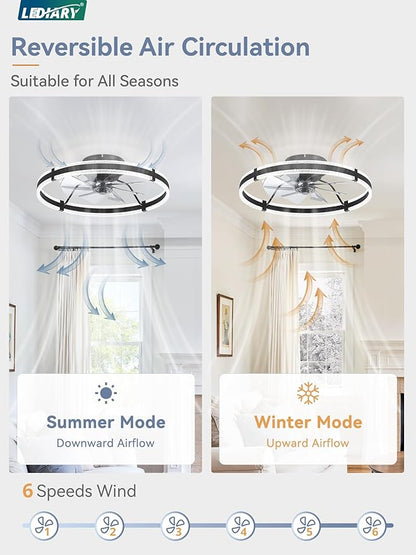 LEDIARY Ceiling Fans with Lights and Remote, 24'' Low Profile Ceiling Fan with Light, 3000-6000K Dimmable Fandelier Ceiling Fans, Modern Flush Mount Fan Light for Bedroom with 6 Wind Speeds- Black