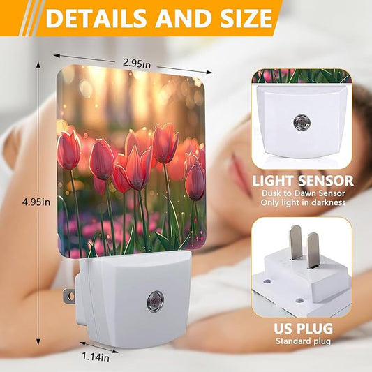 Tulip Flowers Night Light, Plug-into Pink Floral Nightlight White LED Lamp, Energy Efficient Decor Desk Lamp for Bedroom Hallway Stairs Bathroom