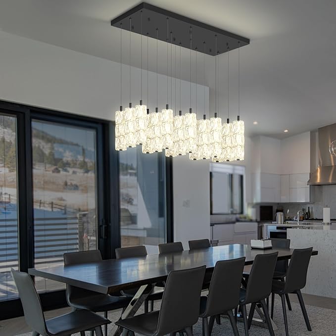 ykolupty Modern Crystal Chandelier 16-Lights Rectangular Chandeliers LED Dimmable Black Linear Chandelier Flush Mount Crystal Pendant Light for Living Room Dining Room Foyer