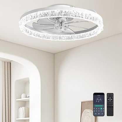 DIAMONDFORGE Ceiling Fans with Lights and Remote Fandelier - 20" Flush Mount Low Profile Modern Ceiling Fans for Bedroom - Stepless Color Temperature and 6 Speeds, White Irregular Crystal