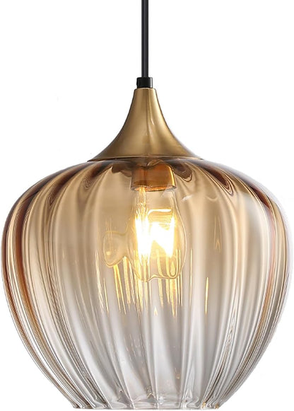 Amber Glass Pendant Lights Kitchen Island, 9" Vintage Hanging Lamp Ceiling Lighting Fixtures, Brushed Gold Modern Chandelier for Dining Room Restaurant Bedroom Foyer Entryway