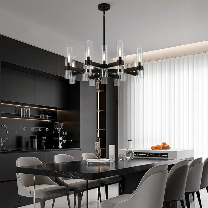 12 Light Black Chandeliers for Dining Room Light Fixtures Over Table, Modern Farmhouse Chandelier with Clear Glass Cover for Living Dining Room Kitchen Island Bedroom Foyer 34"
