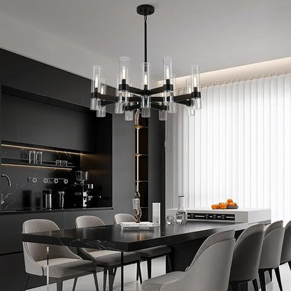 12 Light Black Chandeliers for Dining Room Light Fixtures Over Table, Modern Farmhouse Chandelier with Clear Glass Cover for Living Dining Room Kitchen Island Bedroom Foyer 34"