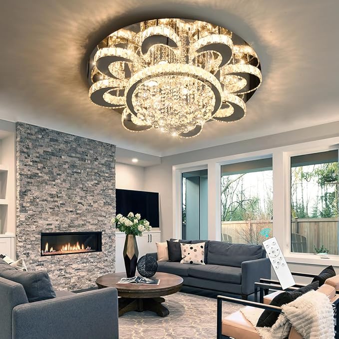 HAIXIANG Modern Chandelier Living Room Glam Chandeliers Ceiling Light Fixture Remote Dimmable Lights 32 Inches Luxury Crystal Silver Light