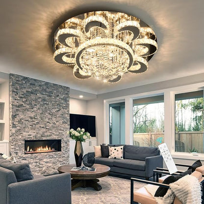 HAIXIANG Modern Chandelier Living Room Glam Chandeliers Ceiling Light Fixture Remote Dimmable Lights 32 Inches Luxury Crystal Silver Light