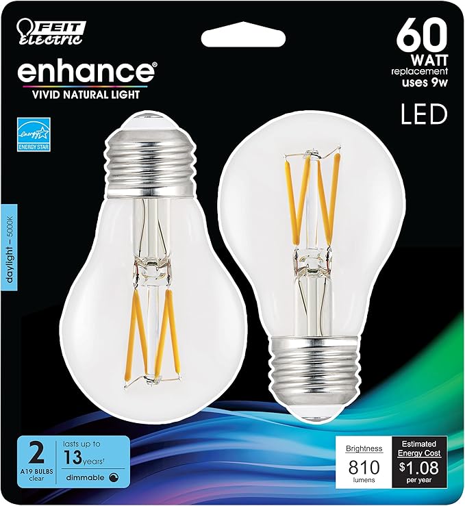Feit Electric LED A19 Medium Base Light Bulb - 60W Equivalent - 15 Year Life - 810 Lumen - 5000K Daylight - Dimmable | 2-Pack
