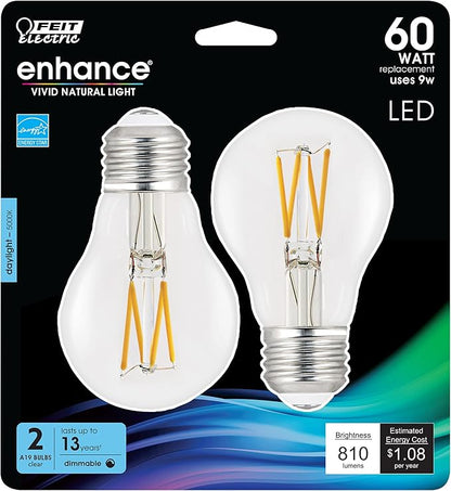 Feit Electric LED A19 Medium Base Light Bulb - 60W Equivalent - 15 Year Life - 810 Lumen - 5000K Daylight - Dimmable | 2-Pack