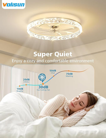 VOLISUN Low Profile Ceiling Fan with Lights and Remote, 24in Modern Ceiling Fans Flush Mount, 3000K-6500K Dimmable Bladeless LED Fan Light, White Fandelier Ceiling Fans with Lights for Bedroom
