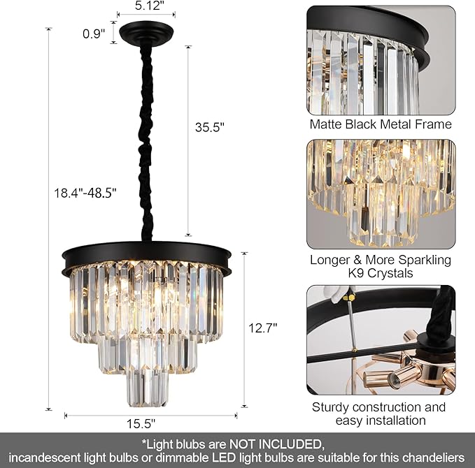 AXILIXI Modern Crystal Chandeliers 16” Black Ceiling Pendant Light Fixture 3 Tiers Dimmable Flush Mount Chandeliers Round Raindrop for Living Room Dining Room Foyer Kitchen Entryway