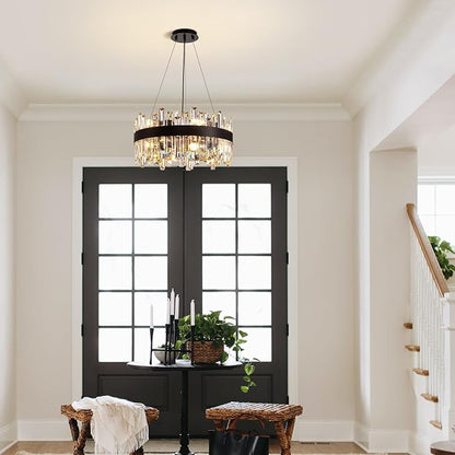 Modern Crystal Chandelier for Dining Room, 12-Light Luxury Black 2 Tiers Crystal Raindrop Chandelier, Contemporary Hanging Light Fixture for Living Room Entryway Foyer D19.7''