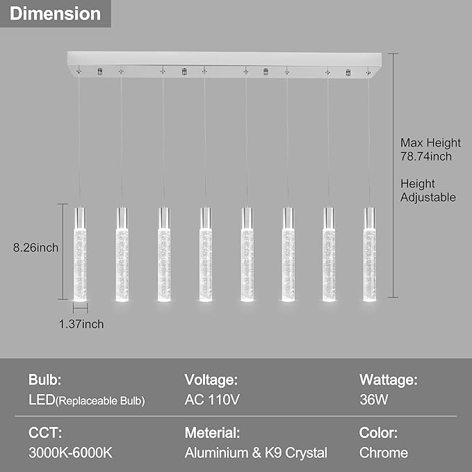8 Light Pendant Lights Kitchen Island, Modern Chrome Crystal Pendants with Dimmable 3000K-6000K LED Ceiling Hanging Light Fixture for Dining Room Bedroom, Adjustable Height 78"