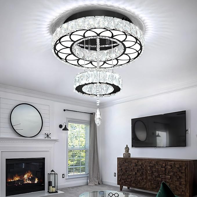 Flashing God Dia 16" Black Modern Crystal Chandeliers Flush Mount Chandelier Dimmable LED Light Crystal Ceiling Light for Hallway Bedroom Living Room Dining Room