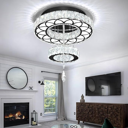 Flashing God Dia 16" Black Modern Crystal Chandeliers Flush Mount Chandelier Dimmable LED Light Crystal Ceiling Light for Hallway Bedroom Living Room Dining Room