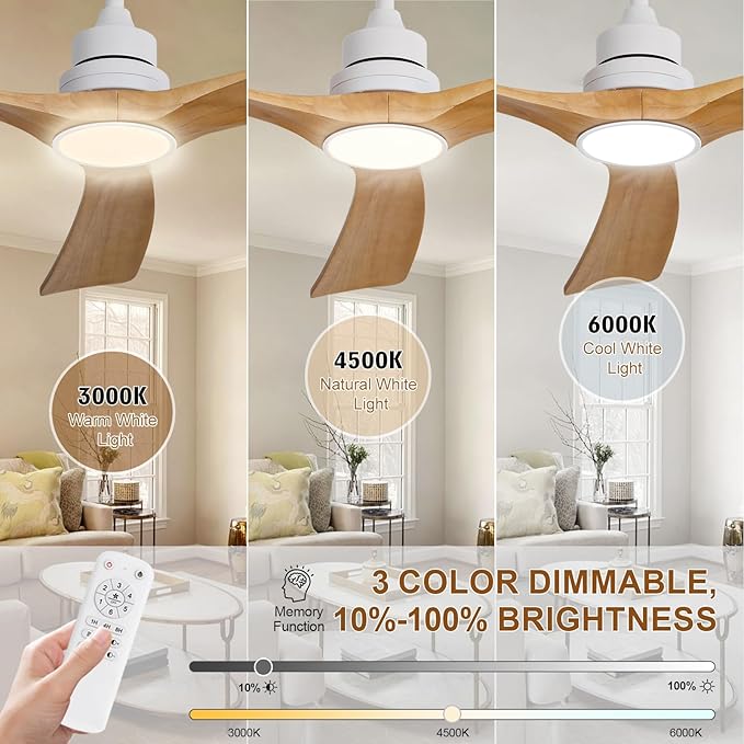 Ceiling Fan with Light 60 inch,Remote Control,Wall Switch,Solid Wood Blades,Dimmable,Reversible Quiet DC Motor,Power Off Memory Modern White Ceiling Fan for Bedroom Patio Indoor/Outdoor Use