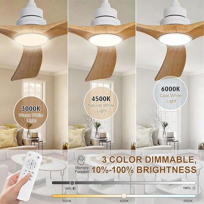 Ceiling Fan with Light 60 inch,Remote Control,Wall Switch,Solid Wood Blades,Dimmable,Reversible Quiet DC Motor,Power Off Memory Modern White Ceiling Fan for Bedroom Patio Indoor/Outdoor Use