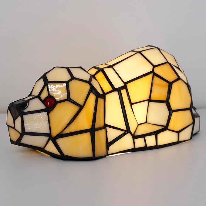Small Tiffany Lamp Stained Glass Animal Table Lamp Mini Accent Desk Light (Amber White Dog)