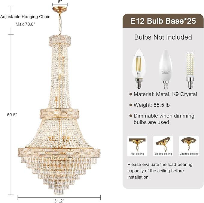 25 Lights Large Gold Crystal Chandeliers Luxury Modern Chandelier for High Ceilings 3 Tiers Pendant Lighting Fixture Foyer Staircase Hallway Entryway Banquet Hall Lobby 60.5" H x 31" D