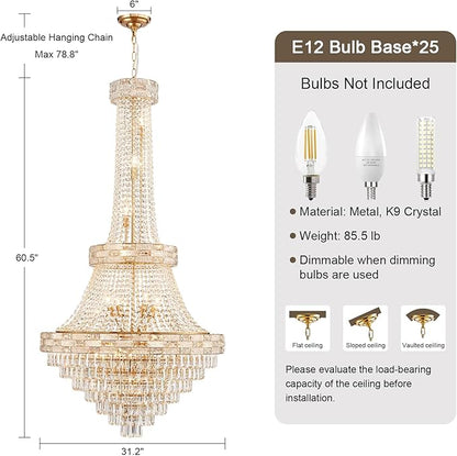 25 Lights Large Gold Crystal Chandeliers Luxury Modern Chandelier for High Ceilings 3 Tiers Pendant Lighting Fixture Foyer Staircase Hallway Entryway Banquet Hall Lobby 60.5" H x 31" D