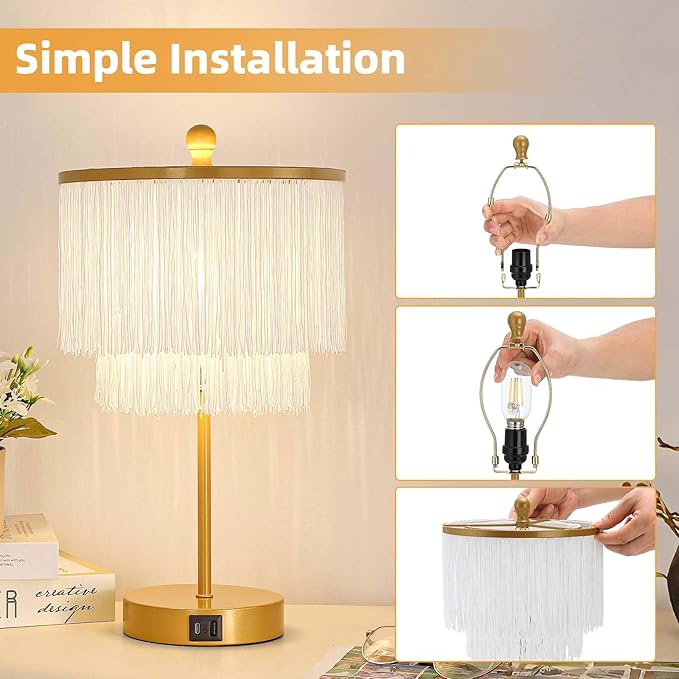 Lovlast Boho Lamp for Bedroom, 3-Way Dimmable Bedside Touch Lamp with USB Charging Port, Gold Table Lamp, Fringe Boho Table Lamp for Living Room, Teens Room, Dresser, Nightstand, LED Bulb Included