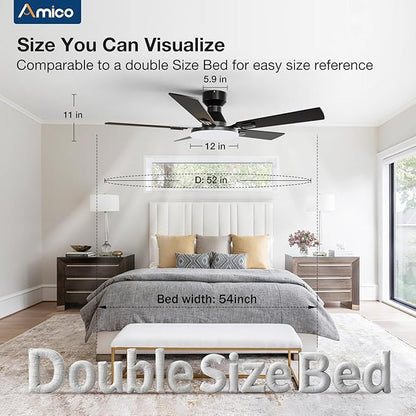Amico Ceiling Fans with Lights, 52'' Smart RGB Ceiling Fan with Remote/APP/Alexa Control, Flush Mount, Reversible DC Motor, 5 Blades, 6 Speeds, 3CCT, Dimmable, Noiseless, Bedroom, Living Room, Black