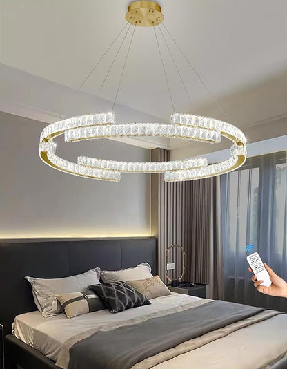 Modern Led Ring Pendant Light Dimmable Crystal Chandelier for Living Room Dining Room Adjustable 40 inch Gold